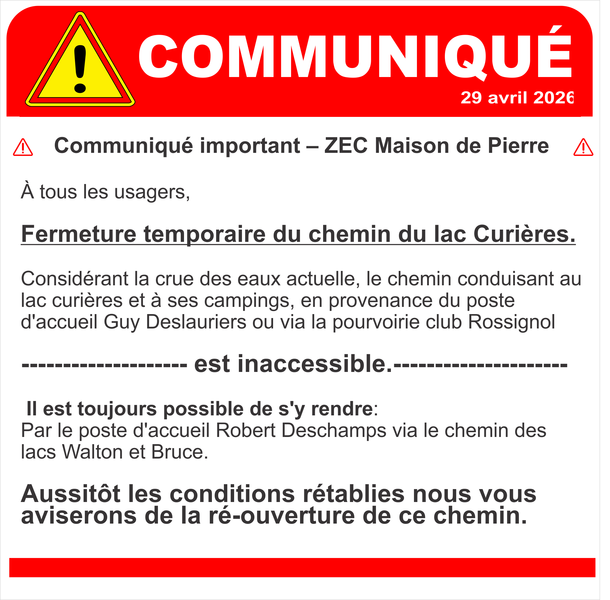 Communique chemin lac curiere ferme